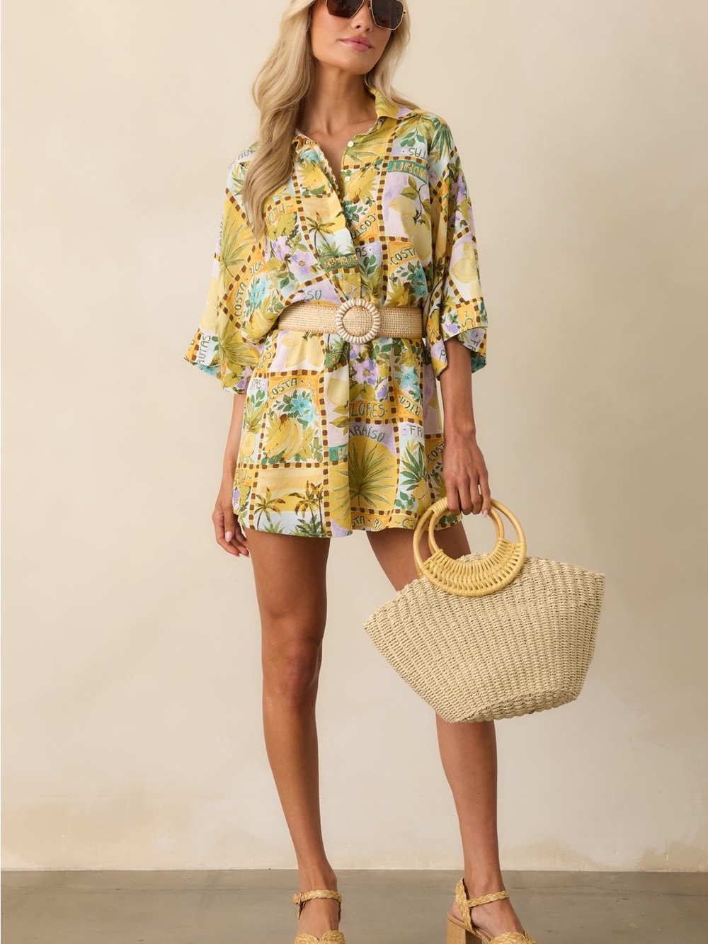 VIEWS FROM THE VERANDA YELLOW TROPICAL PRINT LINEN BLEND ROMPER
